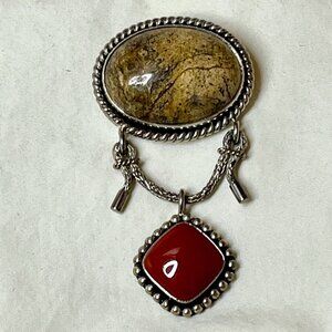 Pin / Brooch AND Pendant * Silver 925 & Polished Stones * Vintage * 2-1/2" Hang